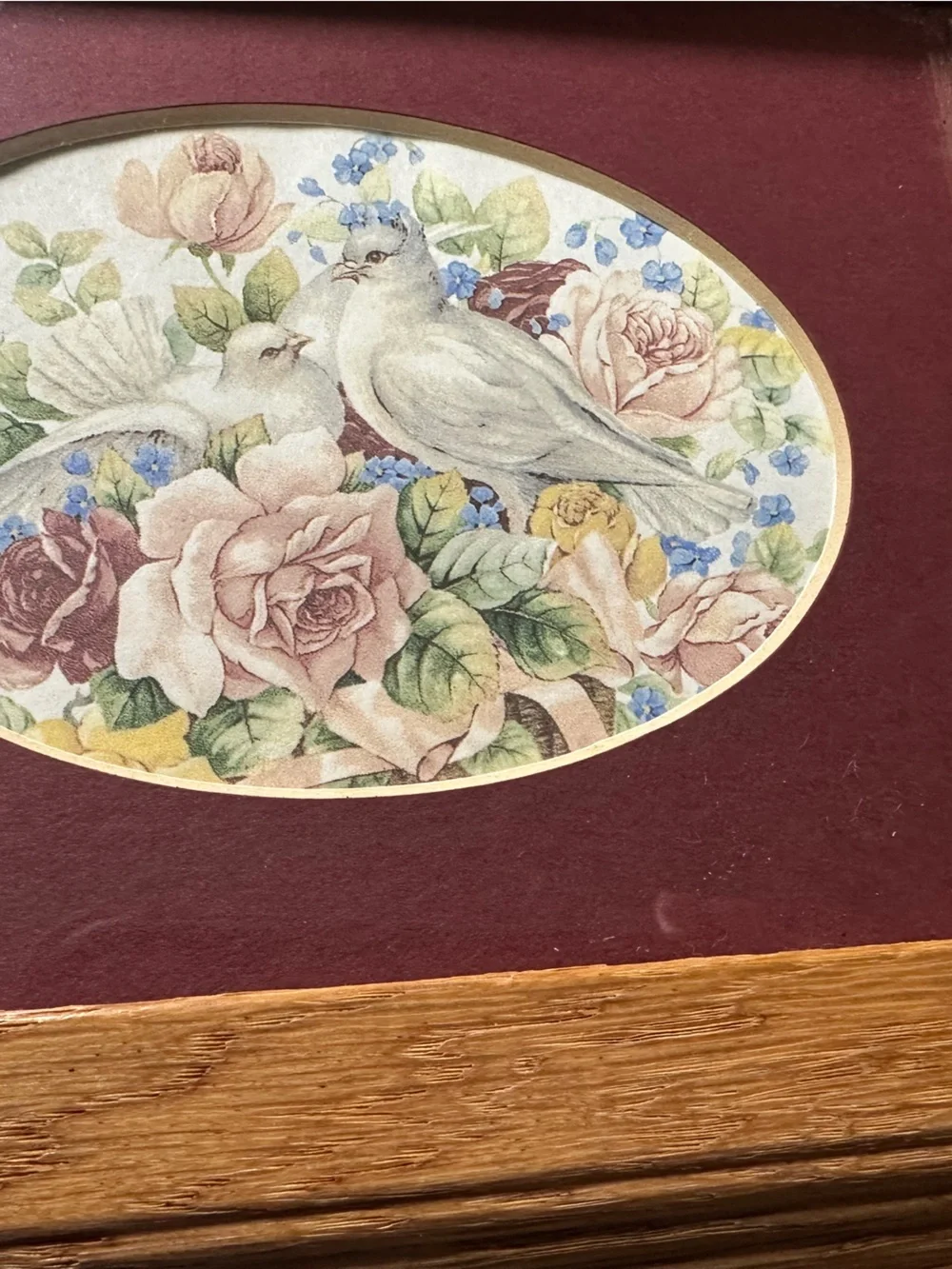 Oak Framed Floral & Dove Print in Oval Mat 7x9”